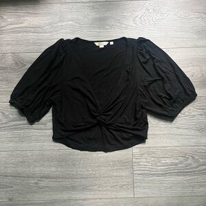 Boden Black Short Bubble Sleeve Twist Front Viscose Cropped Shirt Size 10 Summer